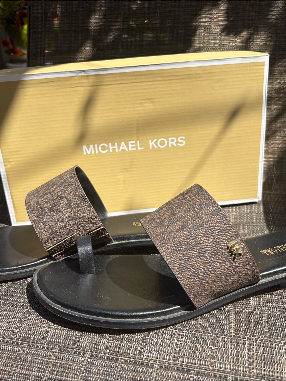 Michael Kors Women’s Brown MK Logo Slide Sandals with Black Footbed